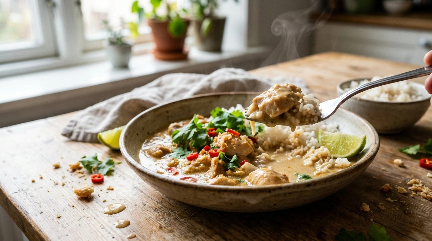 Nem cremet kylling i karry med ris på 25 minutter